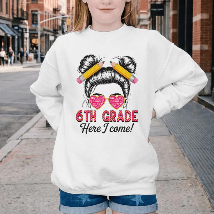 6th Grade Here I Come Messy Bun Hair Back To School Girls Youth Crewneck Sweatshirt 6th Grade Here I Come Messy Bun Hair Back To School Girls Youth Crewneck Sweatshirt