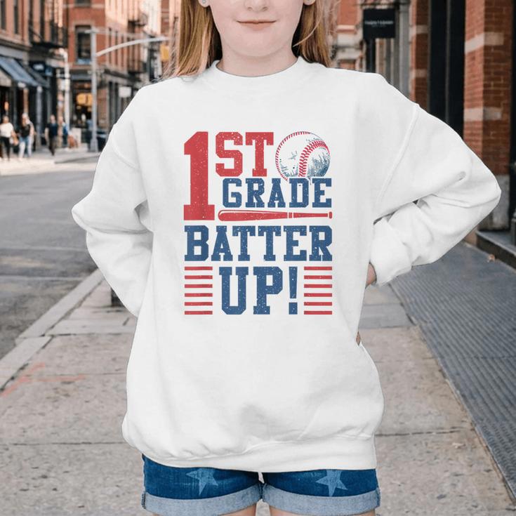 Baseball 1st Grade Back To School 1st Grade Batter Up Youth Crewneck Sweatshirt Baseball 1st Grade Back To School 1st Grade Batter Up Youth Crewneck Sweatshirt