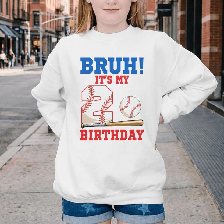 Bruh It's My 2nd Birthday Boy Baseball Themed Party Youth Crewneck Sweatshirt
