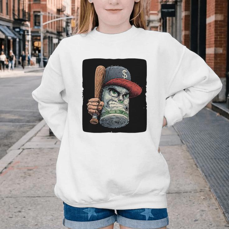 Cool Dollar Bill Guy With Cap And Baseball Costume Premium Tri-Blend Youth Crewneck Sweatshirt