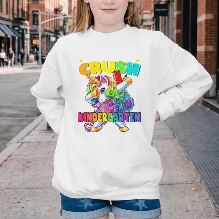 Crush Kindergarten Dabbing Unicorn Back To School Girls Performance Youth Crewneck Sweatshirt Crush Kindergarten Dabbing Unicorn Back To School Girls Performance Youth Crewneck Sweatshirt