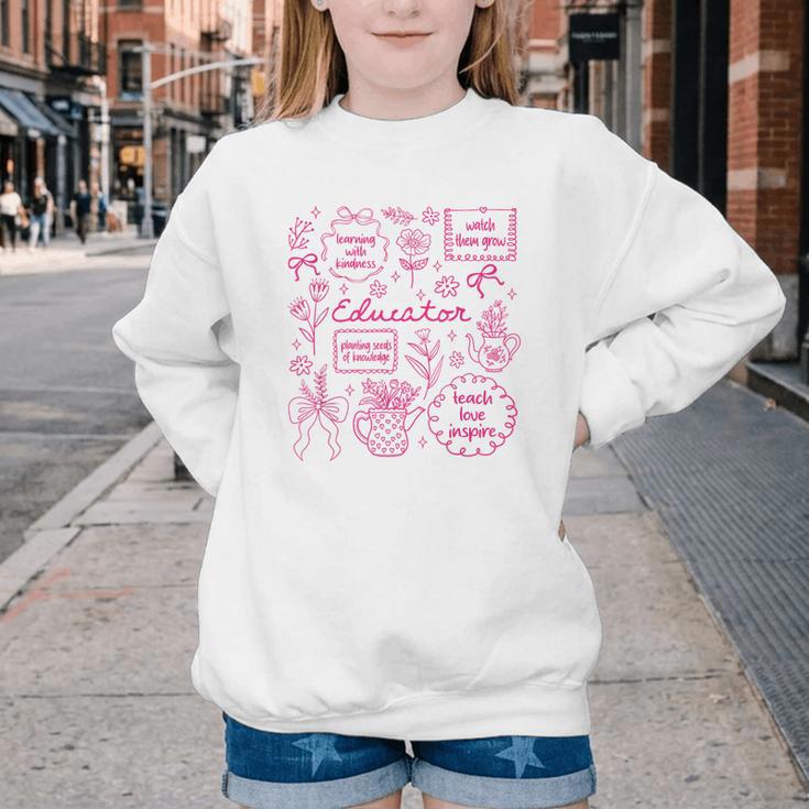 Educator Love Inspire Teach Pink Bow Back To School Youth Crewneck Sweatshirt Educator Love Inspire Teach Pink Bow Back To School Youth Crewneck Sweatshirt