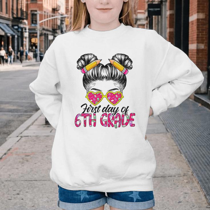 First Day Of 6th Grade Messy Hair Bun Girl Back To School Youth Crewneck Sweatshirt First Day Of 6th Grade Messy Hair Bun Girl Back To School Youth Crewneck Sweatshirt