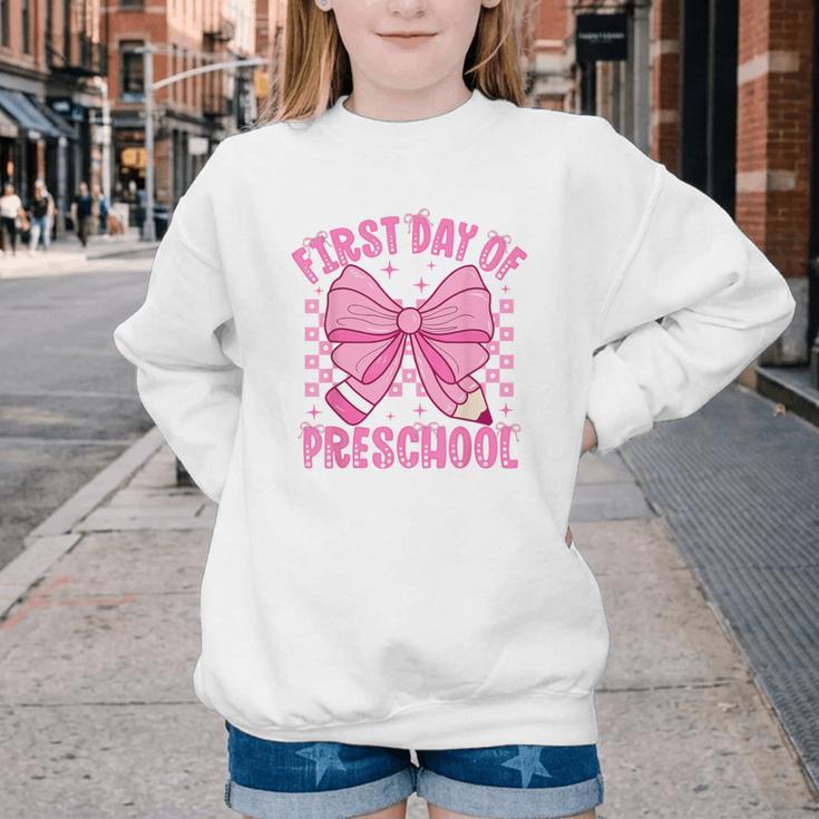 First Day Of Preschool Coquette Bow Back To School Girls Youth Crewneck Sweatshirt First Day Of Preschool Coquette Bow Back To School Girls Youth Crewneck Sweatshirt