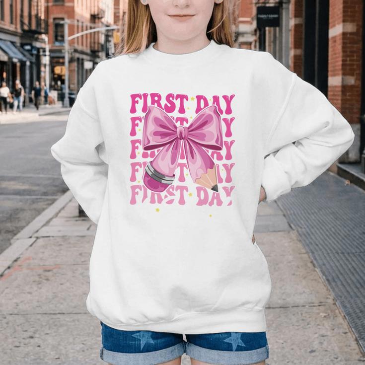 First Day Of School Girls Coquette Bow Back To School Performance Youth Crewneck Sweatshirt First Day Of School Girls Coquette Bow Back To School Performance Youth Crewneck Sweatshirt