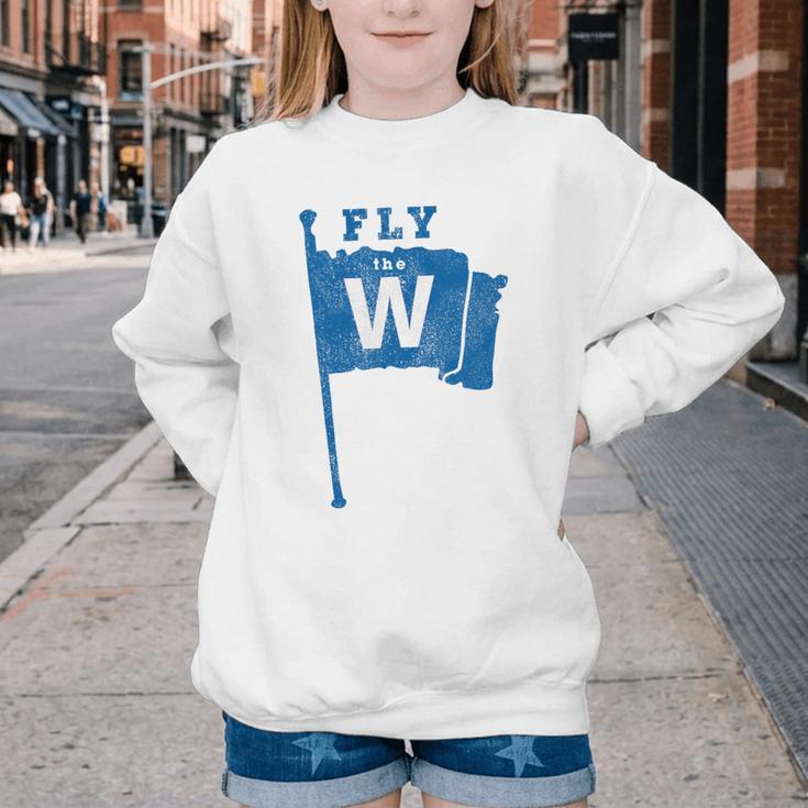 Fly The W Chicago Baseball Winning Flag Distressed Premium Tri-Blend Youth Crewneck Sweatshirt