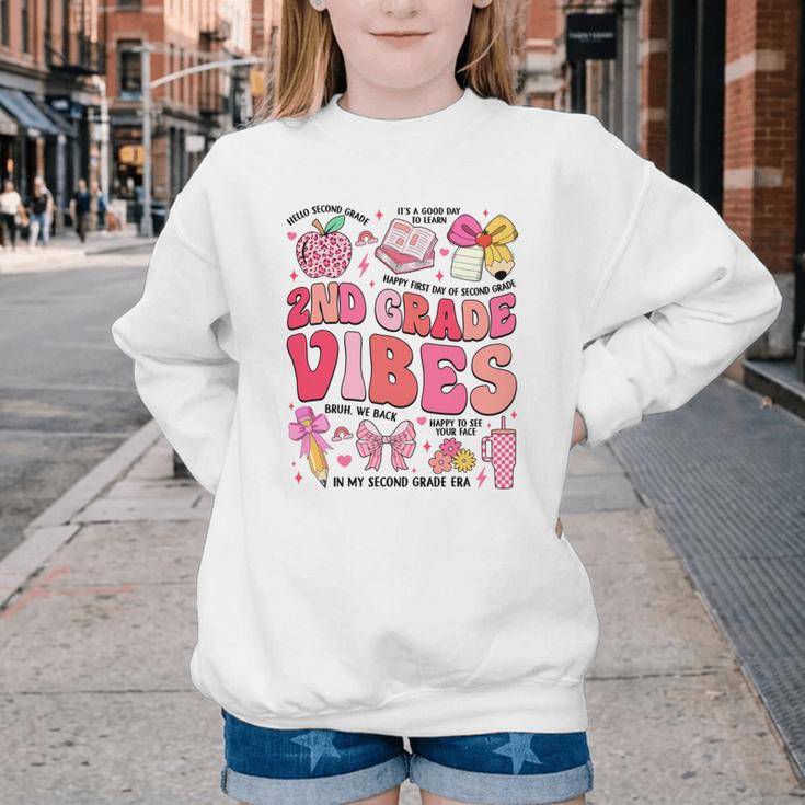Girls 2nd Grade Vibes Coquette Pink Bow Back To School Youth Crewneck Sweatshirt Girls 2nd Grade Vibes Coquette Pink Bow Back To School Youth Crewneck Sweatshirt