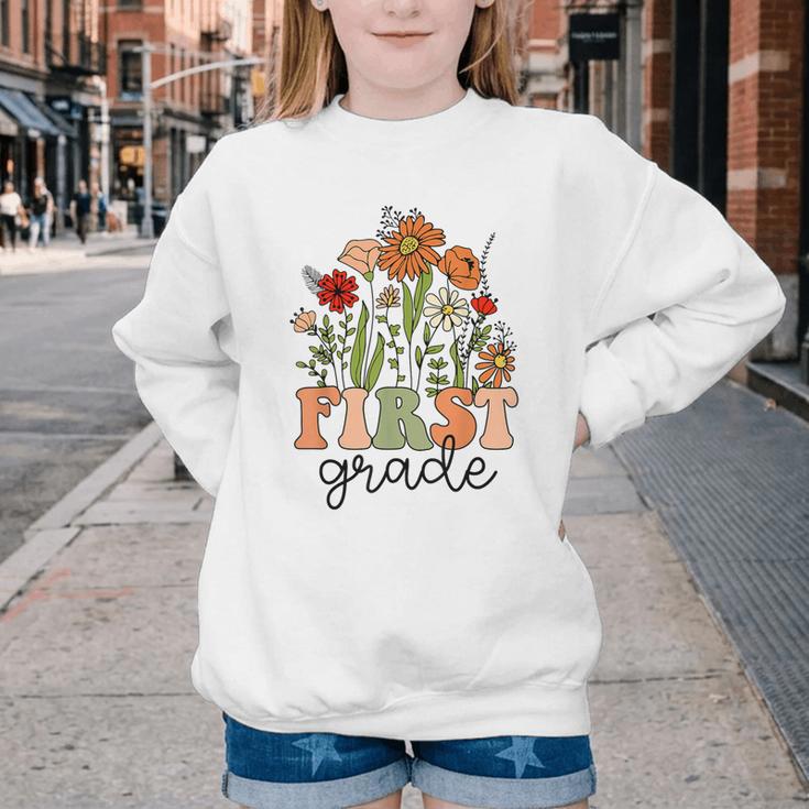 Groovy First Grade Wildflowers Back To School 1st Grade Youth Crewneck Sweatshirt