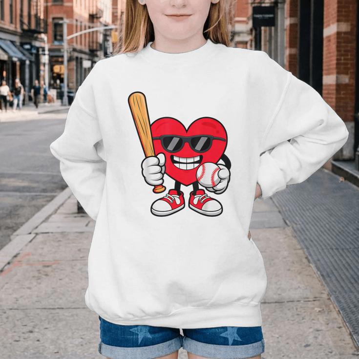 Heart Playing Baseball Valentines Day Youth Crewneck Sweatshirt