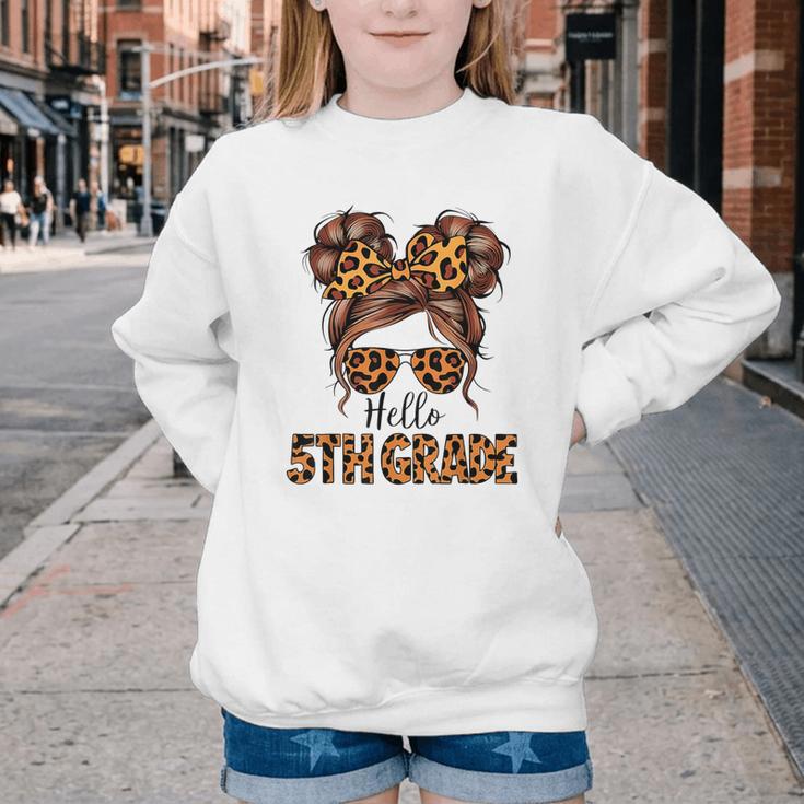 Hello 5th Grade Messy Hair Bun Girl Back To School First Day Youth Crewneck Sweatshirt Hello 5th Grade Messy Hair Bun Girl Back To School First Day Youth Crewneck Sweatshirt