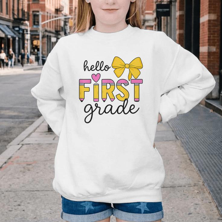 Hello First Grade For Girls Boys Cute Back To School Pencil Youth Crewneck Sweatshirt Hello First Grade For Girls Boys Cute Back To School Pencil Youth Crewneck Sweatshirt