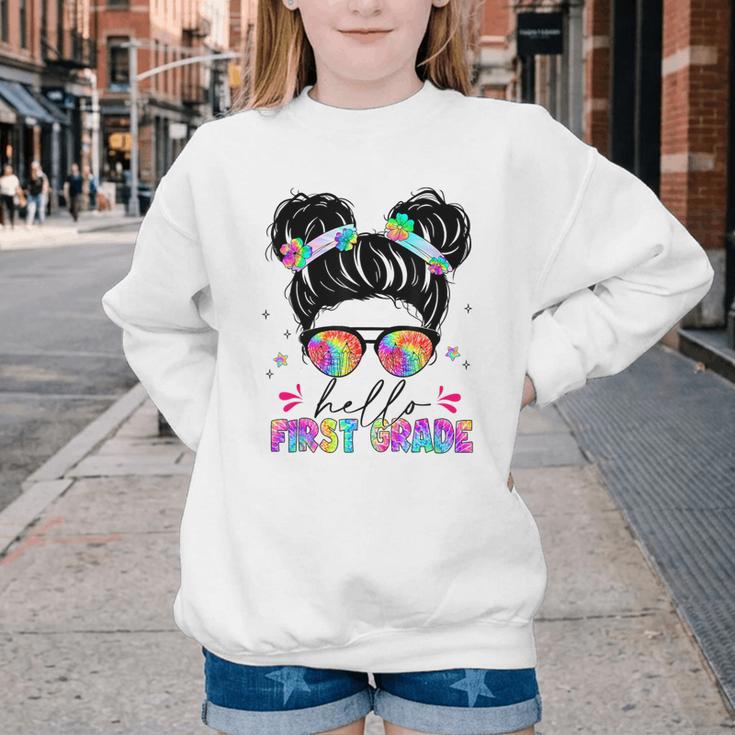 Hello First Grade Shirt Messy Bun Tie Dye Back To School Youth Crewneck Sweatshirt Hello First Grade Shirt Messy Bun Tie Dye Back To School Youth Crewneck Sweatshirt
