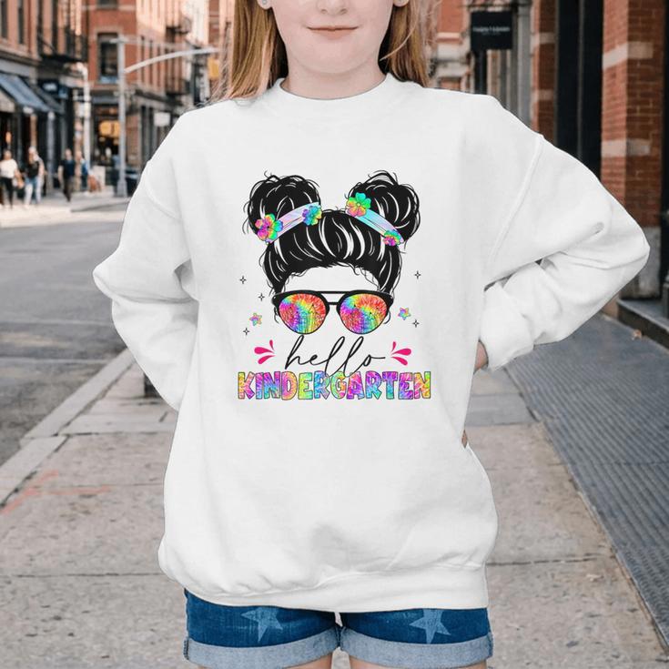 Hello Kindergarten Shirt Messy Bun Tie Dye Back To School Youth Crewneck Sweatshirt Hello Kindergarten Shirt Messy Bun Tie Dye Back To School Youth Crewneck Sweatshirt