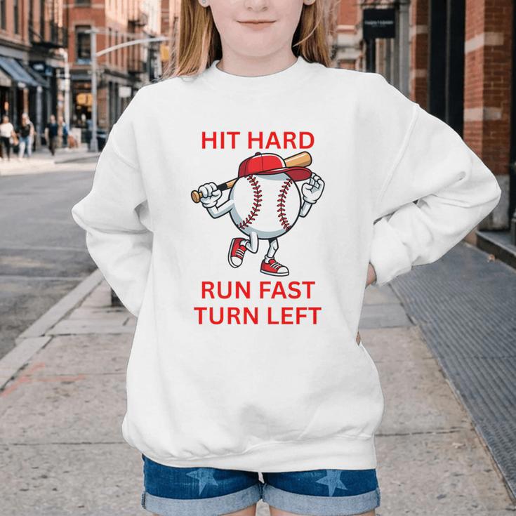 Hit Hard Run Fast Turn Left Baseball Player Premium Tri-Blend Youth Crewneck Sweatshirt