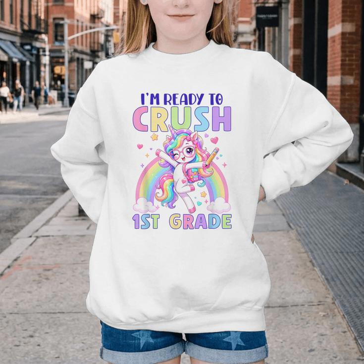 I'm Ready To Crush 1st Grade Unicorn Girls Back To School Youth Crewneck Sweatshirt I'm Ready To Crush 1st Grade Unicorn Girls Back To School Youth Crewneck Sweatshirt