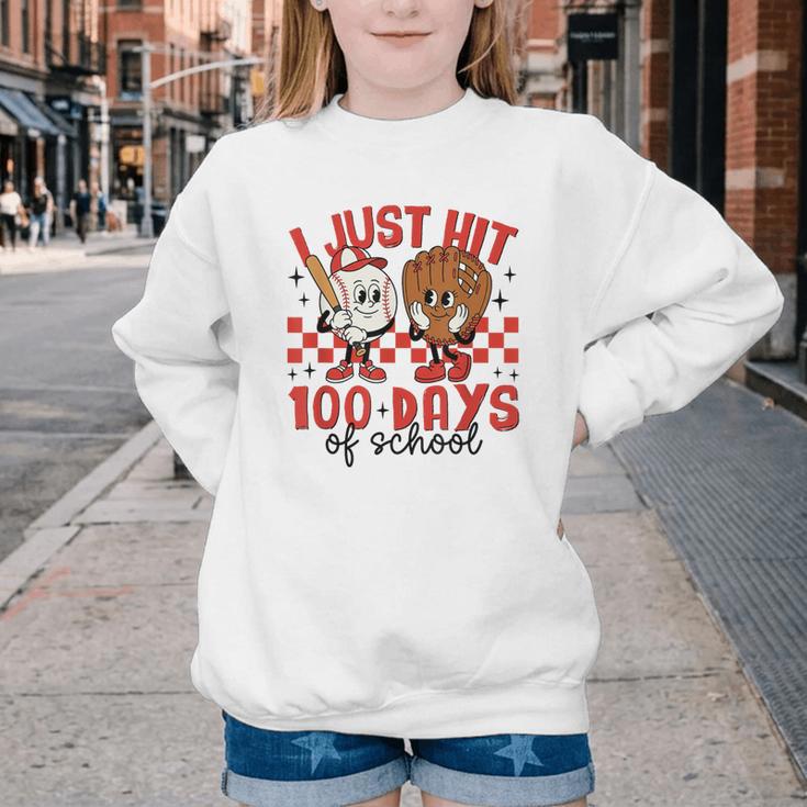 I Just Hit 100 Days Of School Baseball 100th Day Teacher Kid Youth Crewneck Sweatshirt I Just Hit 100 Days Of School Baseball 100th Day Teacher Kid Youth Crewneck Sweatshirt