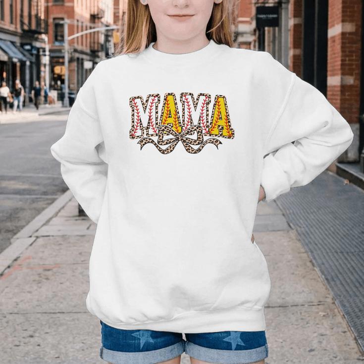 Leopard Baseball Softball Mama Bow Softball Baseball Mom Youth Crewneck Sweatshirt