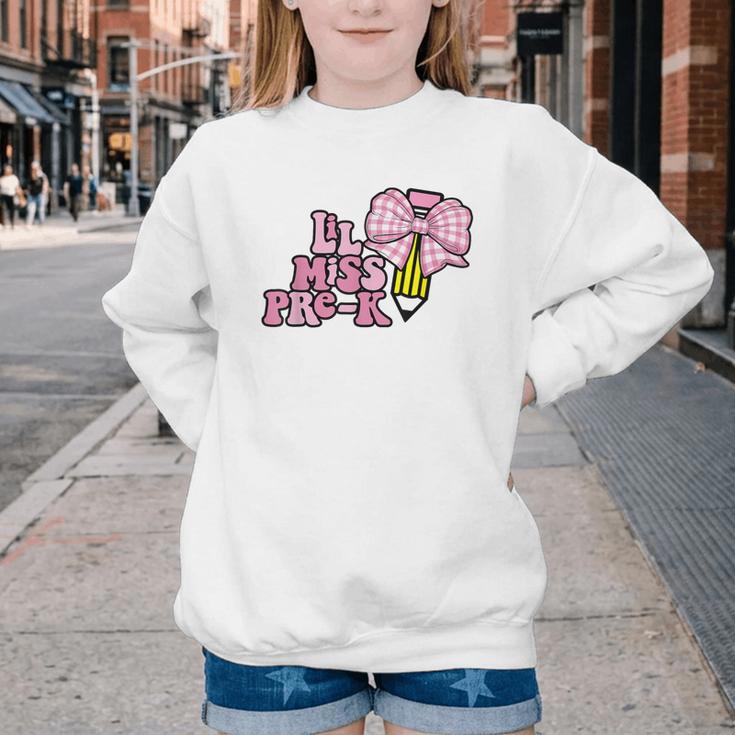LiL Miss Pre-K Back To School Girls Coquette Bow First Day Youth Crewneck Sweatshirt LiL Miss Pre-K Back To School Girls Coquette Bow First Day Youth Crewneck Sweatshirt