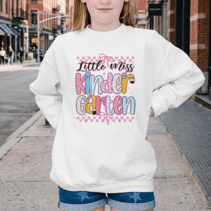 Little Miss Kindergarten Back To School Girls Coquette Bow Youth Crewneck Sweatshirt Little Miss Kindergarten Back To School Girls Coquette Bow Youth Crewneck Sweatshirt