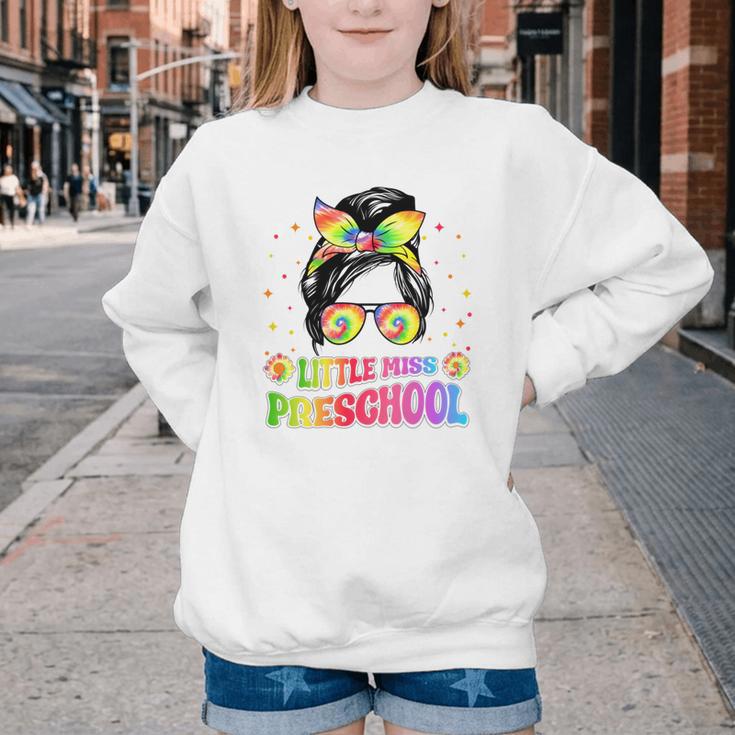 Little Miss Preschool Messy Bun Tie Dye Back To School Girls Youth Crewneck Sweatshirt
