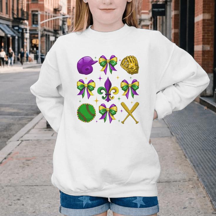 Mardi Gras Baseball Coquette Bow Fat Tuesday Parade Girls Youth Crewneck Sweatshirt