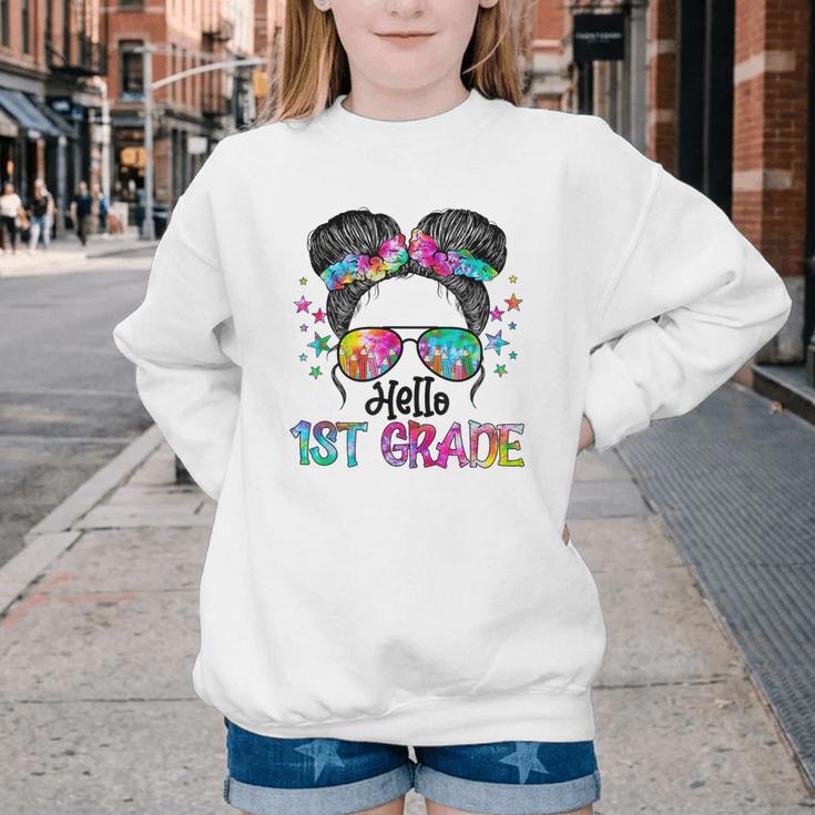 Messy Hair Bun Girl Back To School First Day Hello 1st Grade Youth Crewneck Sweatshirt