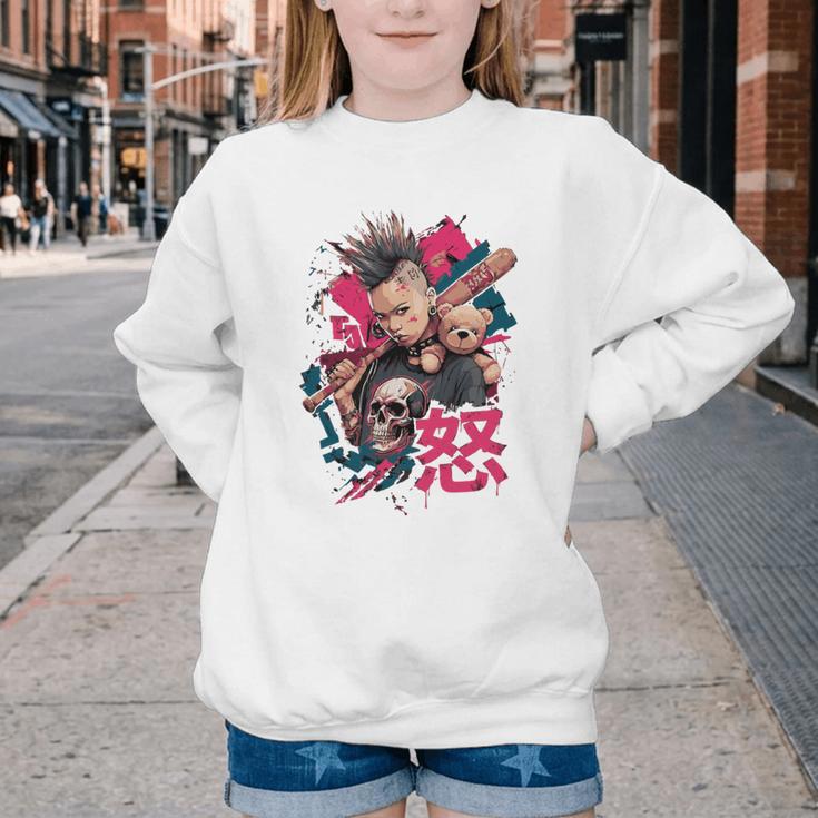 Punk Girl With Anger Kanji And Baseball Bat Youth Crewneck Sweatshirt