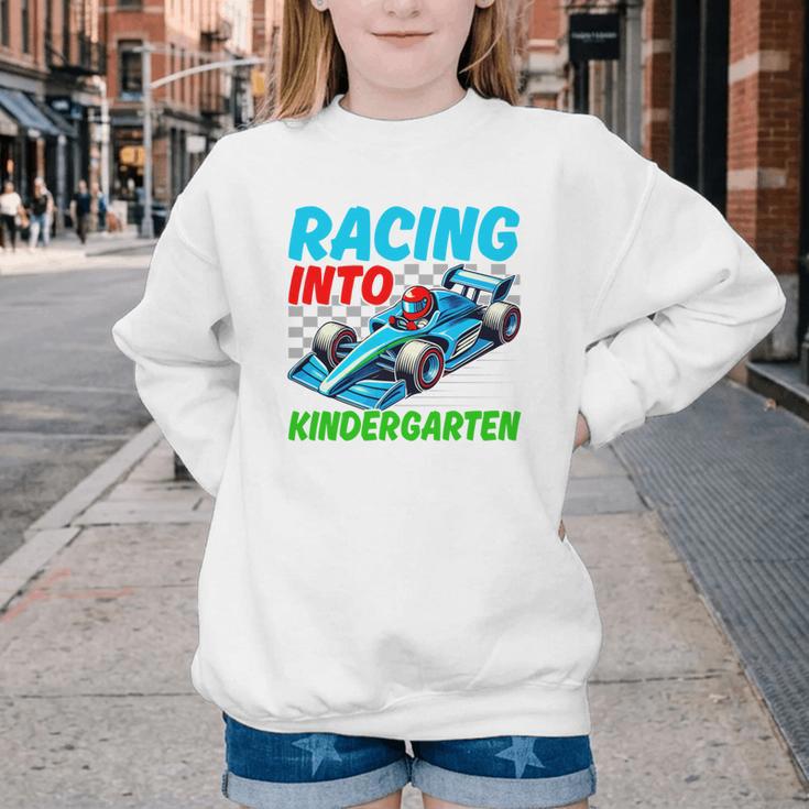 Racing Into Kindergarten Race Car Driver Back To School Performance Youth Crewneck Sweatshirt Racing Into Kindergarten Race Car Driver Back To School Performance Youth Crewneck Sweatshirt
