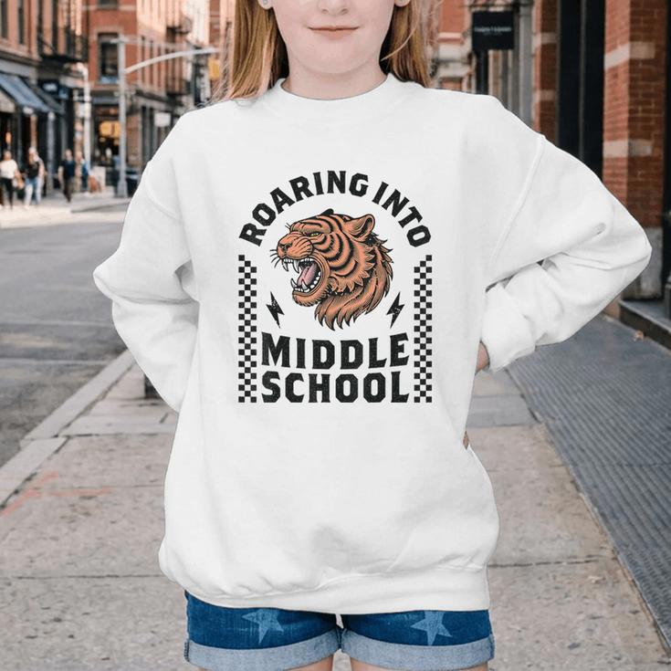 Roaring Into Middle School Tiger Back To School Boy Girl Kid Youth Crewneck Sweatshirt Roaring Into Middle School Tiger Back To School Boy Girl Kid Youth Crewneck Sweatshirt