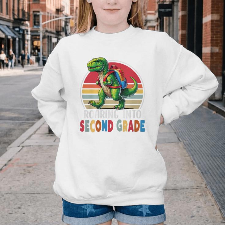 Roaring Into Second Grade T-Rex Back To School 2nd Grade Premium Tri-Blend Youth Crewneck Sweatshirt