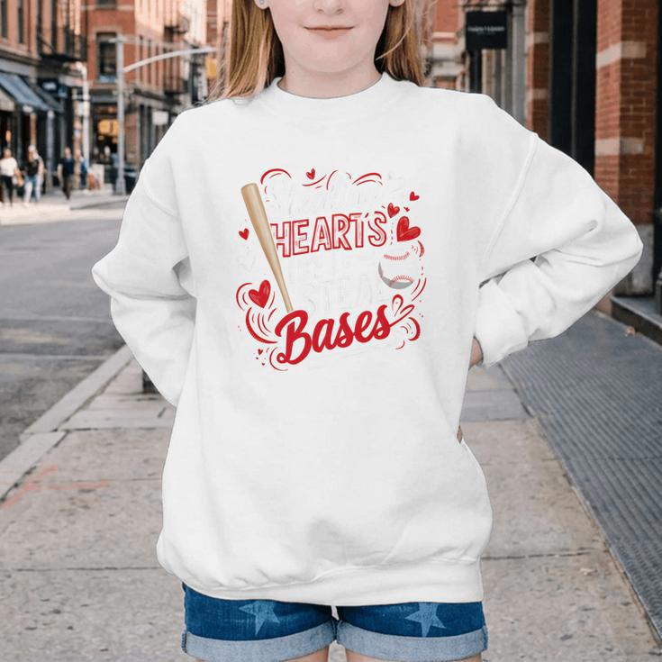 Stealing Hearts Like I Steal Bases Softball Baseball Batter Youth Crewneck Sweatshirt