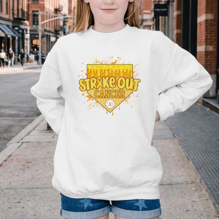 Strike Out Childhood Cancer Boys Baseball Drip Gold Ribbon Youth Crewneck Sweatshirt Strike Out Childhood Cancer Boys Baseball Drip Gold Ribbon Youth Crewneck Sweatshirt