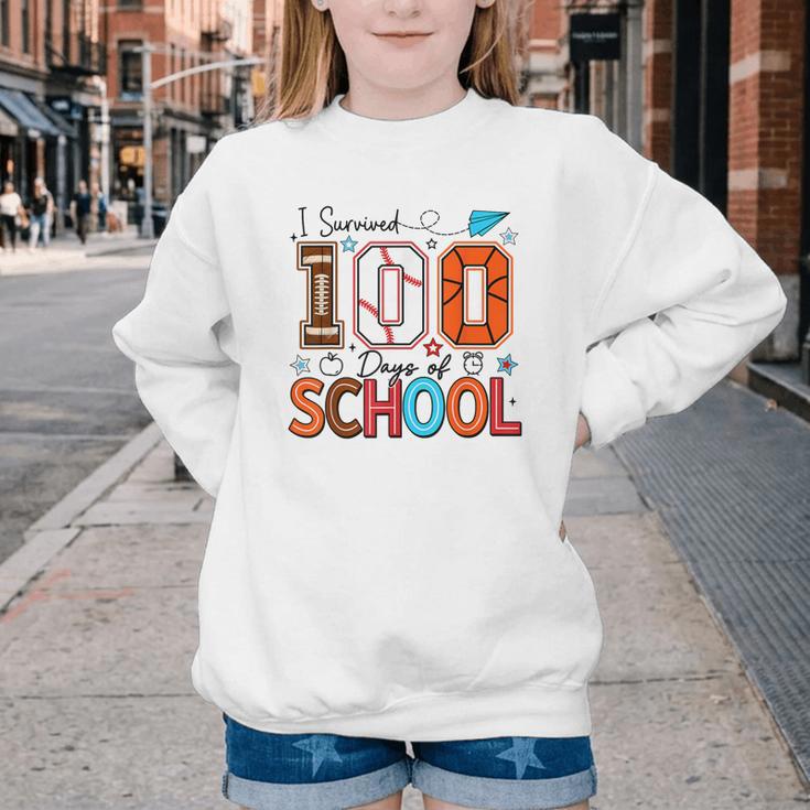 I Survived 100 Days Baseball Football Basketball School Kids Youth Crewneck Sweatshirt I Survived 100 Days Baseball Football Basketball School Kids Youth Crewneck Sweatshirt