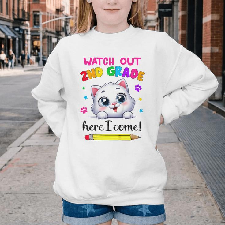 Watch Out 2nd Grade Here I Come Girls Cat Back To School Youth Crewneck Sweatshirt Watch Out 2nd Grade Here I Come Girls Cat Back To School Youth Crewneck Sweatshirt