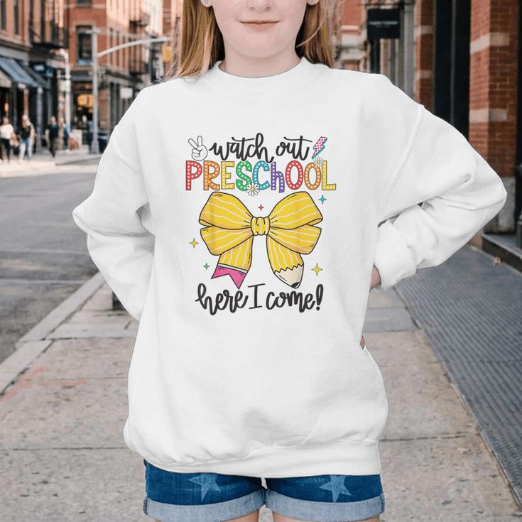Watch Out Pre-K Here I Come Preschool Back To School Youth Crewneck Sweatshirt Watch Out Pre-K Here I Come Preschool Back To School Youth Crewneck Sweatshirt