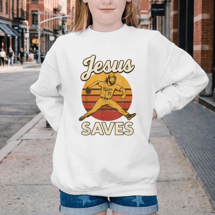 Youth Boy Baseball Jesus Saves Christian Baseball Religious Youth Crewneck Sweatshirt