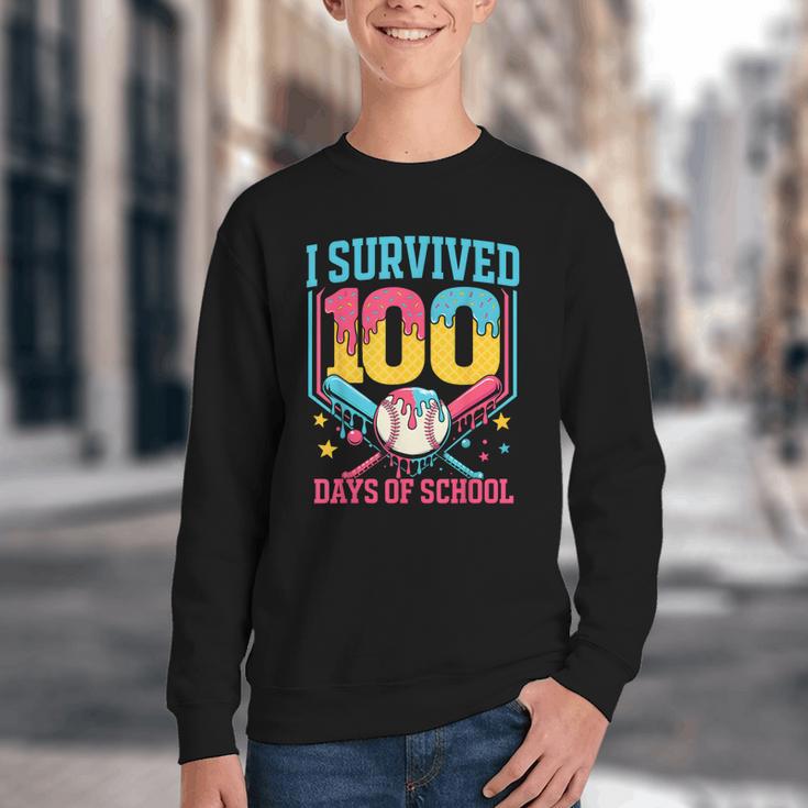 100 Days Of School Baseball Drip 100 Days Boy Girl Kids Youth Crewneck Sweatshirt