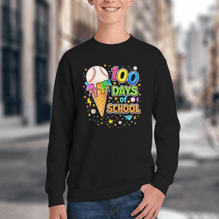 100 Days Of School Baseball Ice Cream Drip Boys Kids Player Youth Crewneck Sweatshirt