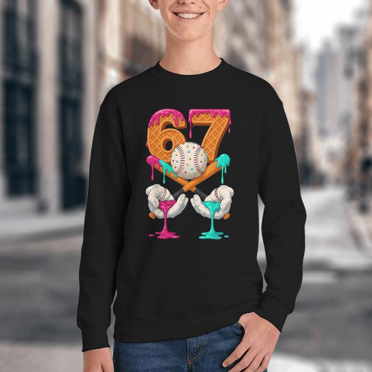 6 7 Ice Cream Drip Baseball Number 67 Player Boy Girl Kids Youth Crewneck Sweatshirt 6 7 Ice Cream Drip Baseball Number 67 Player Boy Girl Kids Youth Crewneck Sweatshirt