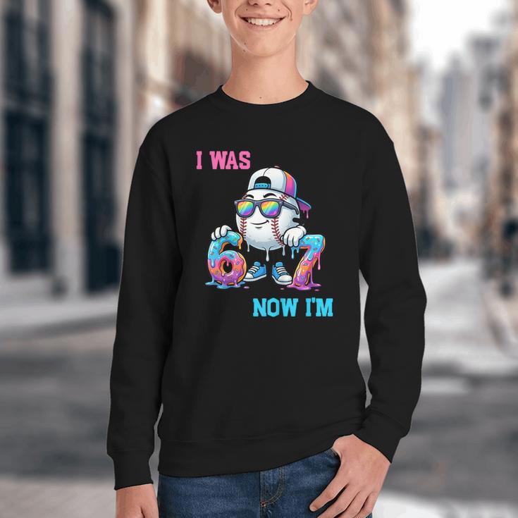I Was 6 Now I'm 7 Baseball Birthday Drip Ice Cream Boy Youth Crewneck Sweatshirt