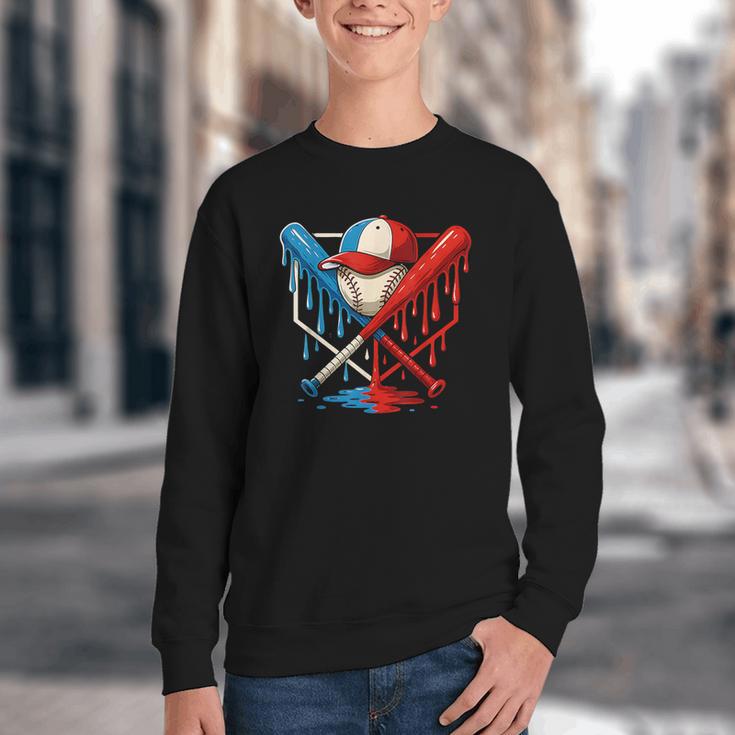 American Baseball Drip Graffiti Ball And Bat Youth Crewneck Sweatshirt