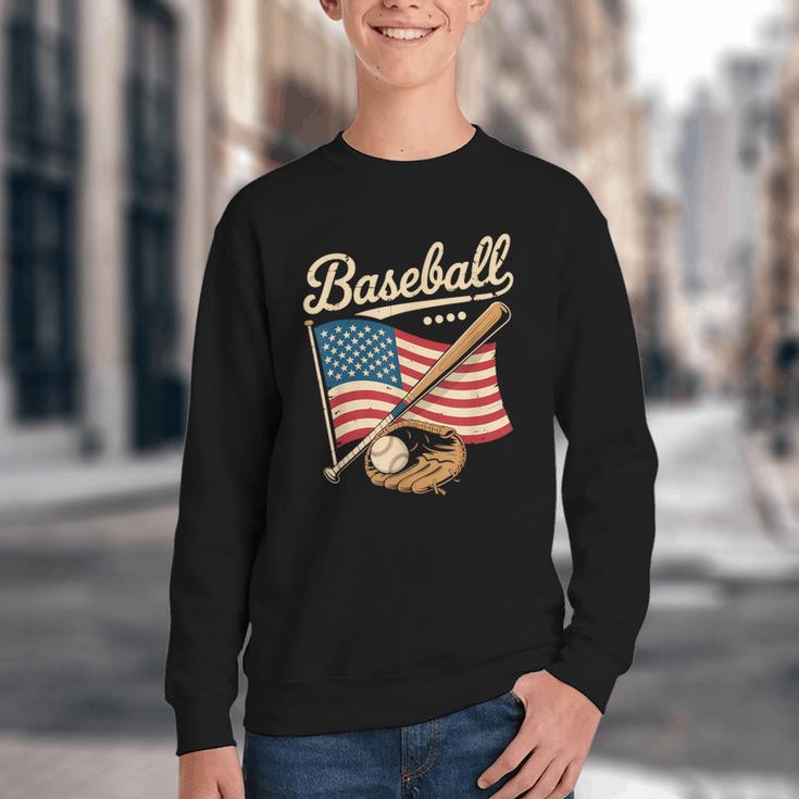 American Flag Baseball Player Bat Fan Catcher Pitcher USA Youth Crewneck Sweatshirt American Flag Baseball Player Bat Fan Catcher Pitcher USA Youth Crewneck Sweatshirt