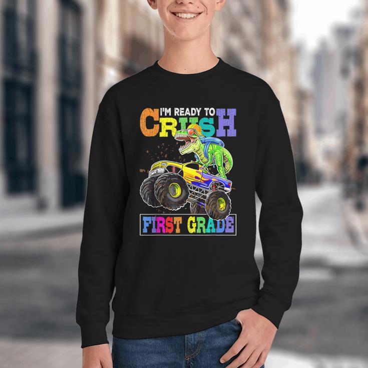 Back To School Boy Dinosaur I'm Ready To Crush First Grade Youth Crewneck Sweatshirt Back To School Boy Dinosaur I'm Ready To Crush First Grade Youth Crewneck Sweatshirt