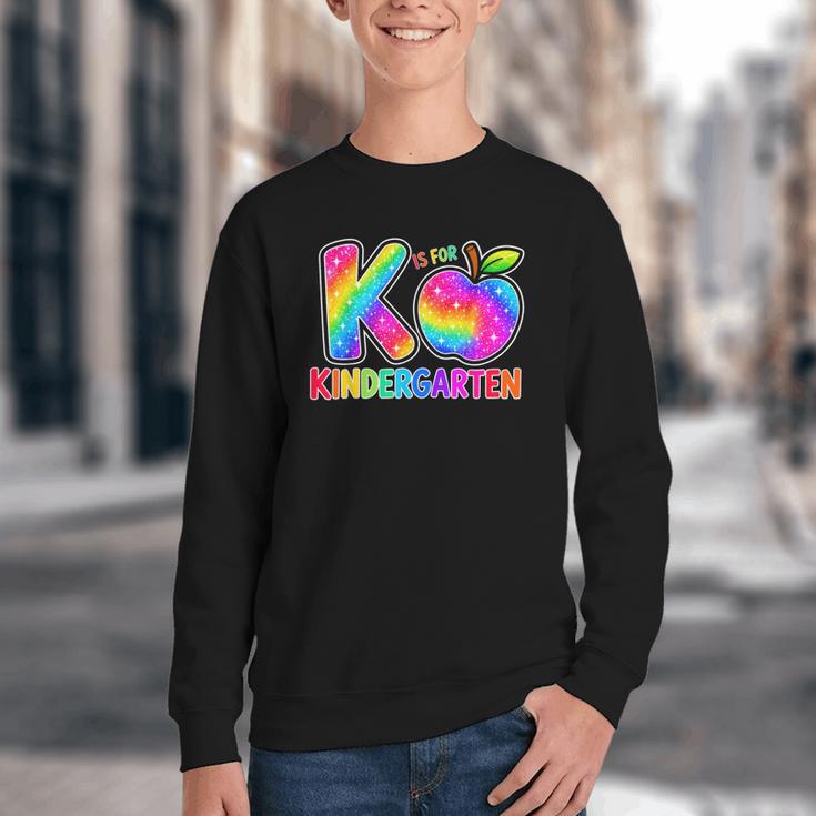 Back To School F Is For Kindergarten Rainbow Apple Kid Youth Crewneck Sweatshirt Back To School F Is For Kindergarten Rainbow Apple Kid Youth Crewneck Sweatshirt