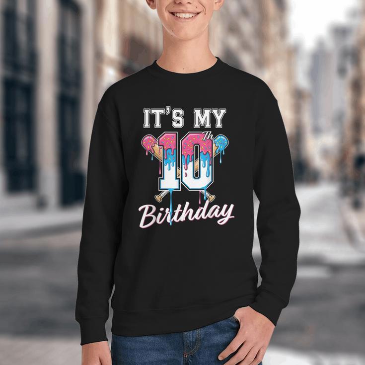 Baseball 10 Year Old Ice Cream Drip 10th Birthday Boys Youth Crewneck Sweatshirt Baseball 10 Year Old Ice Cream Drip 10th Birthday Boys Youth Crewneck Sweatshirt