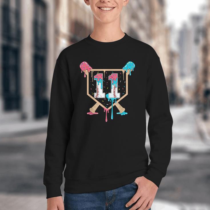 Baseball 11 Year Old Ice Cream Drip 11th Birthday Boy Player Youth Crewneck Sweatshirt