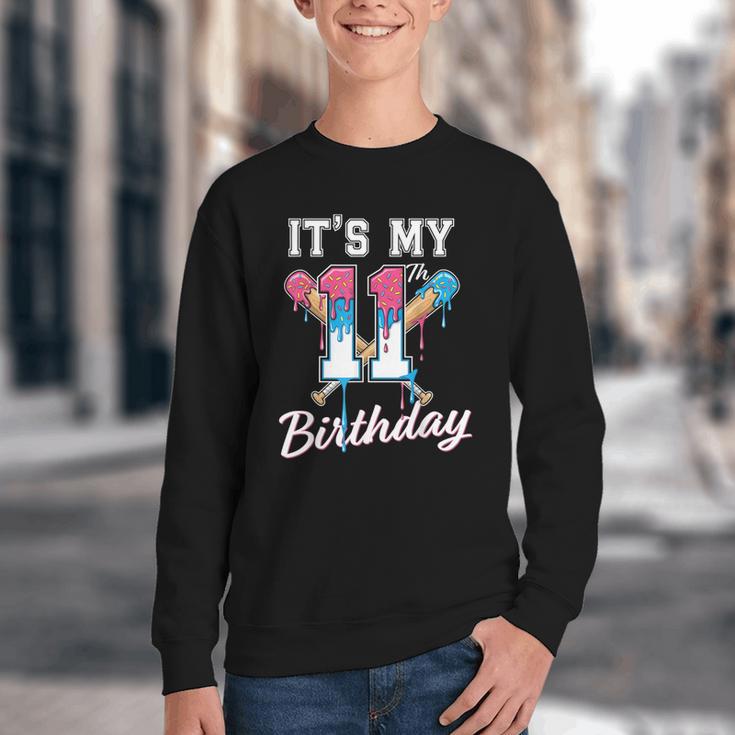 Baseball 11 Year Old Ice Cream Drip 11th Birthday Boys Youth Crewneck Sweatshirt