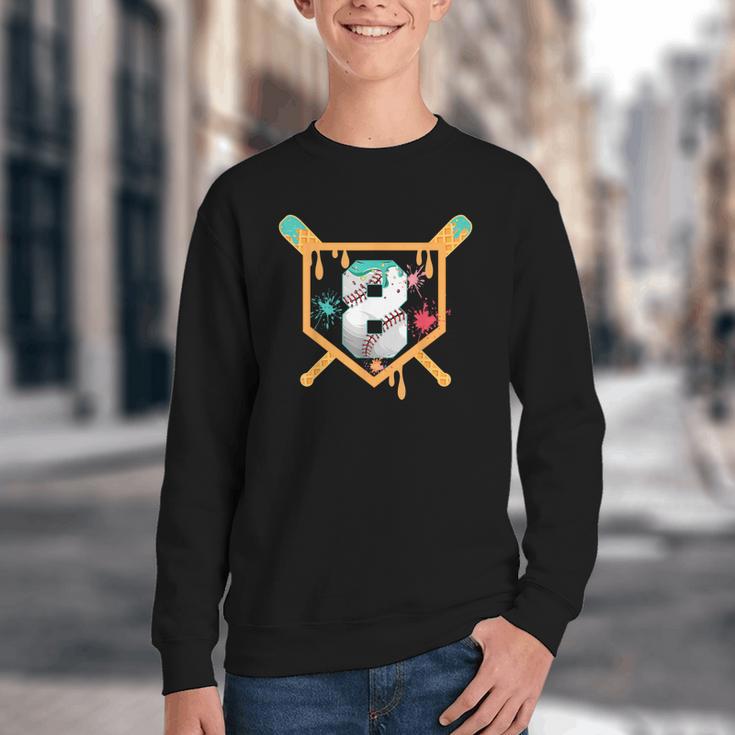 Baseball 8 Year Old Ice Cream Drip 8th Birthday Boy Number 8 Youth Crewneck Sweatshirt
