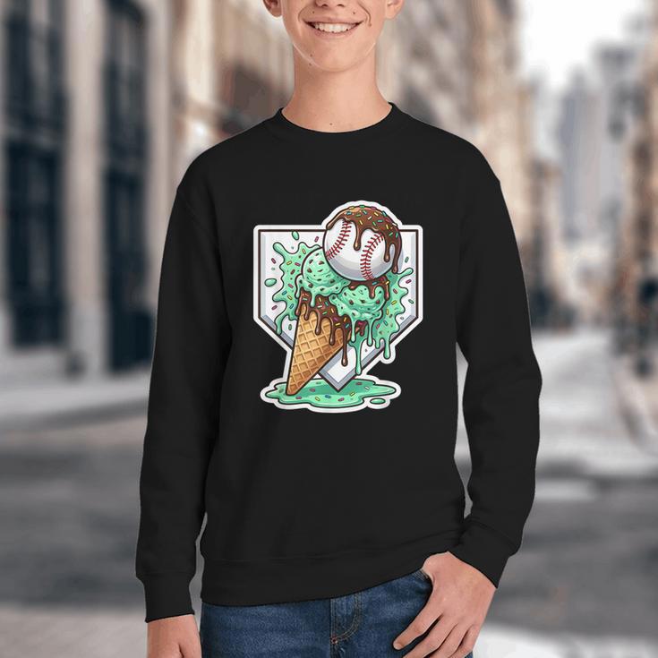 Baseball Boys Ice Cream Drip Baseball Boys Youth Mint Choco Youth Crewneck Sweatshirt