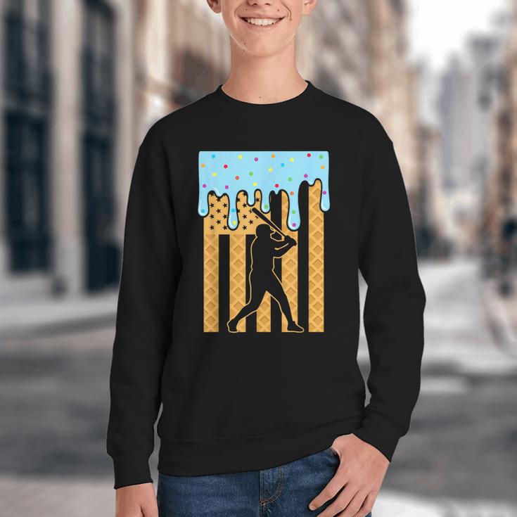 Baseball Drip Dripping Ice Cream Sport Player American Flag Youth Crewneck Sweatshirt